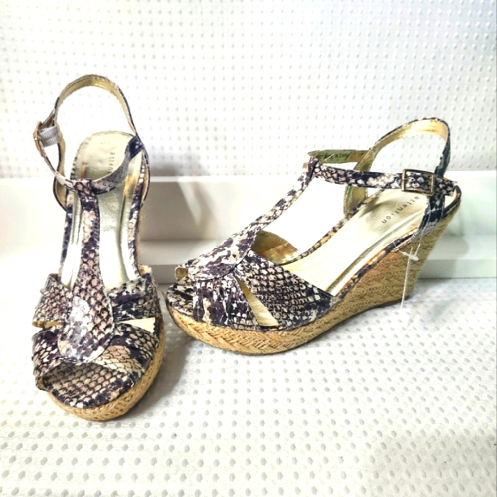 sz 8 Womens Jute Wedge Platform Sandal Snake Skin Print Y2K Espadrille Buckle